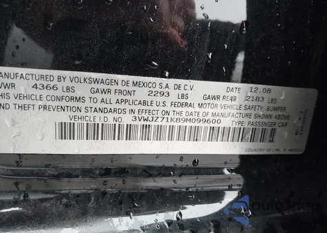 2009 Volkswagen Jetta S from USA, damaged, VIN 3VWJZ71K89M099600